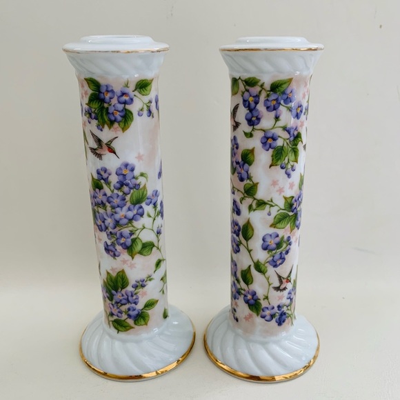 Crystal Cathedral Ministries Hummingbird And Purple Flower Candlestick Holders 2 - Picture 1 of 8